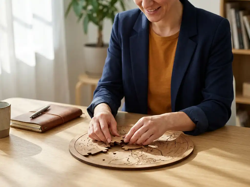 Professional die houten puzzelstukken schikt op modern bureau, symboliserend organisatie en strategie, warm licht, notitieboek ernaast.