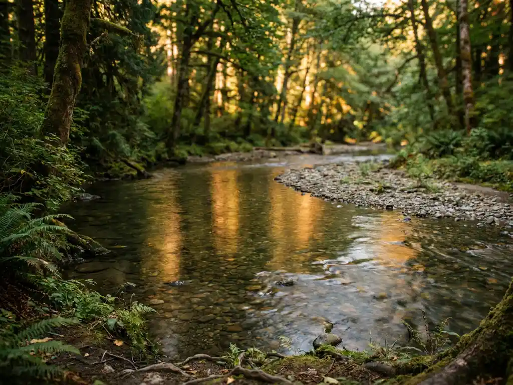 Kronkelende rivier met helder stromend water door weelderig groen landschap, goudkleurig middaglicht weerspiegeld op natte kiezelstenen.
