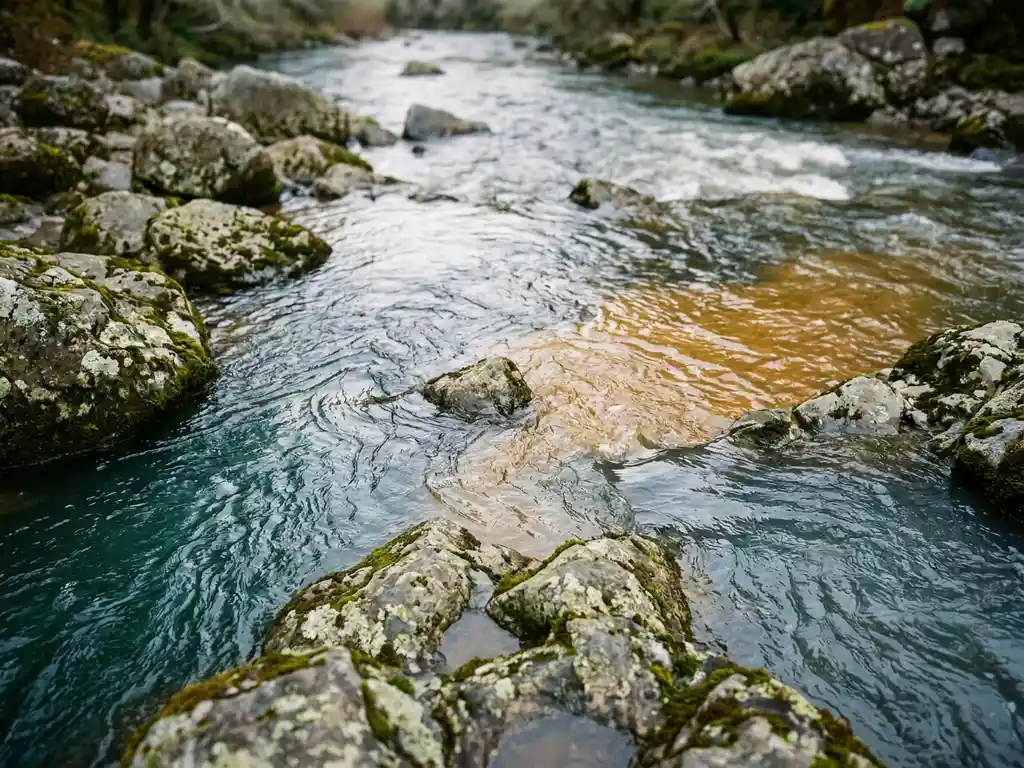Vier gekleurde waterstromen in teal, grijs en amber die samenvloeien tot één rivier boven bemoste rotsen.