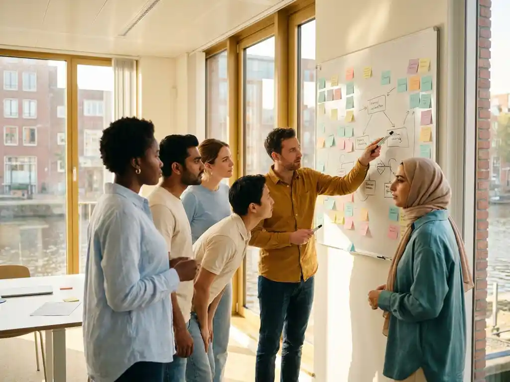Collega's in een Amsterdams kantoor bespreken een procesdiagram op een whiteboard vol kleurrijke sticky notes.