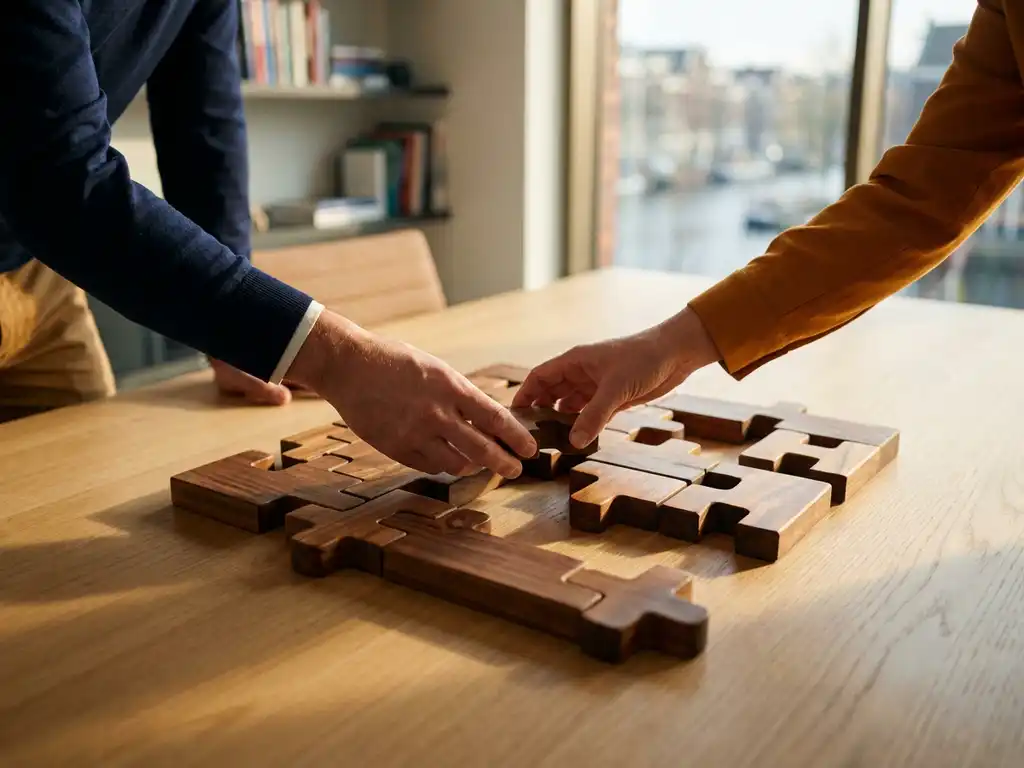 Twee professionals die het laatste houten puzzelstuk plaatsen op een vergadertafel, symbool voor organisatiesamenwerking, warm licht in Amsterdams kantoor.