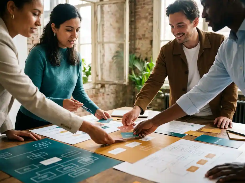 Divers team van professionals rond een tafel met kleurgecodeerde processtroomdiagrammen in een licht Amsterdams kantoor.