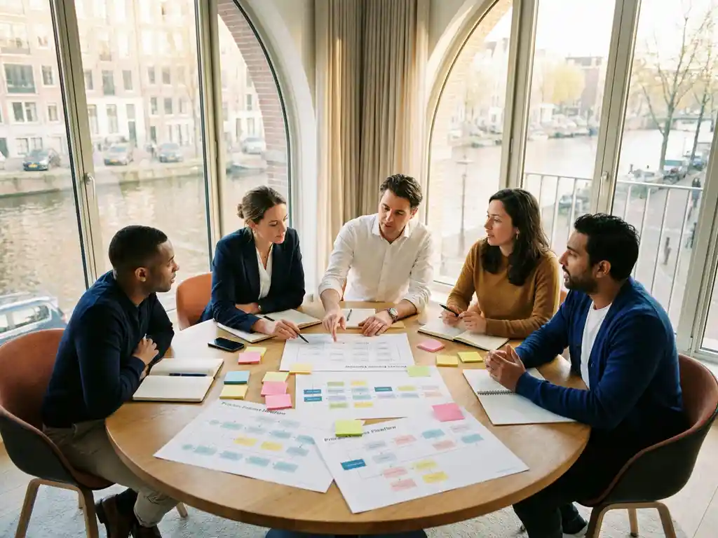 Vijf professionals overleggen rond een ronde tafel met procesdiagrammen en sticky notes in een modern Amsterdams kantoor met daglicht.