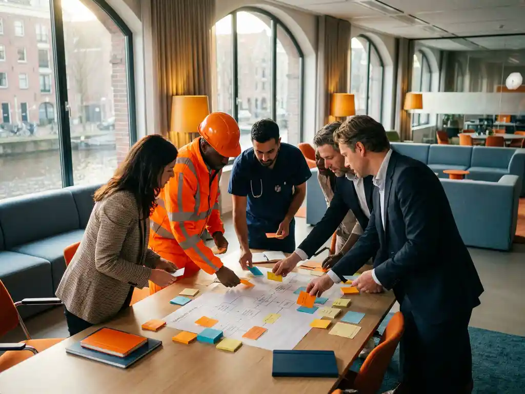 Professionals uit bouw, zorg en zakelijke sector werken samen aan processtroomdiagrammen en gekleurde sticky notes op een tafel in een Amsterdams kantoor.