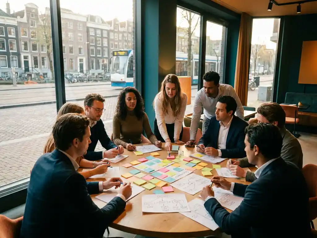Diverse professionals overleggen rond een ronde tafel met kleurrijke sticky notes en procesdiagrammen in een modern Amsterdams kantoor.