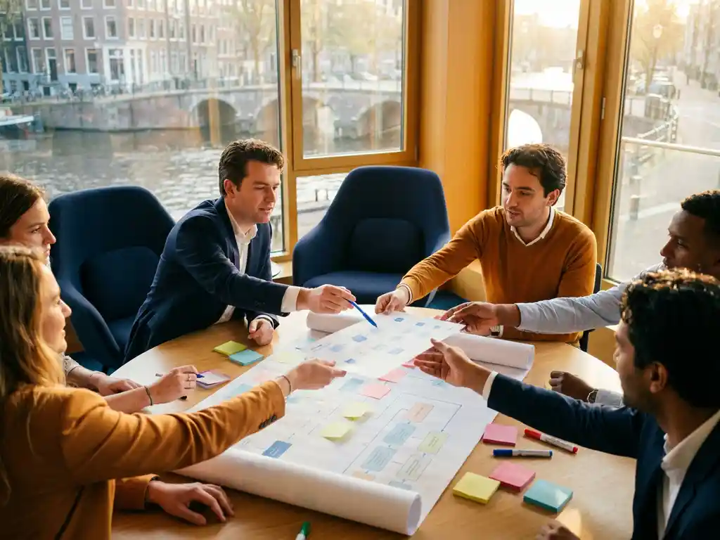 Diverse professionals rond een ronde tafel met procesdiagrammen en gekleurde sticky notes in een modern Amsterdams kantoor met grote ramen.