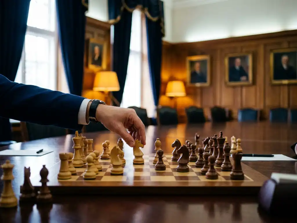 Consultant plaatst een schaakstuk op een bord tijdens een complexe partij in een formele vergaderzaal.