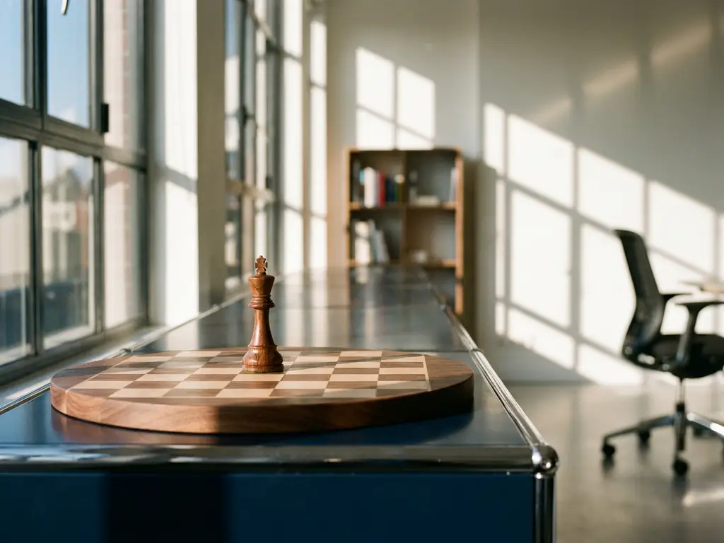 Houten schaakkoning op minimalistisch schaakbord in modern Amsterdams kantoor, warm zijlicht werpt geometrische schaduwen.
