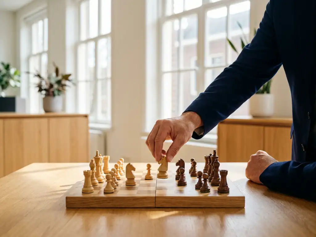 Consultant plaatst schaakstuk op houten bord in licht Amsterdams kantoor, symbool voor strategische besluitvorming.