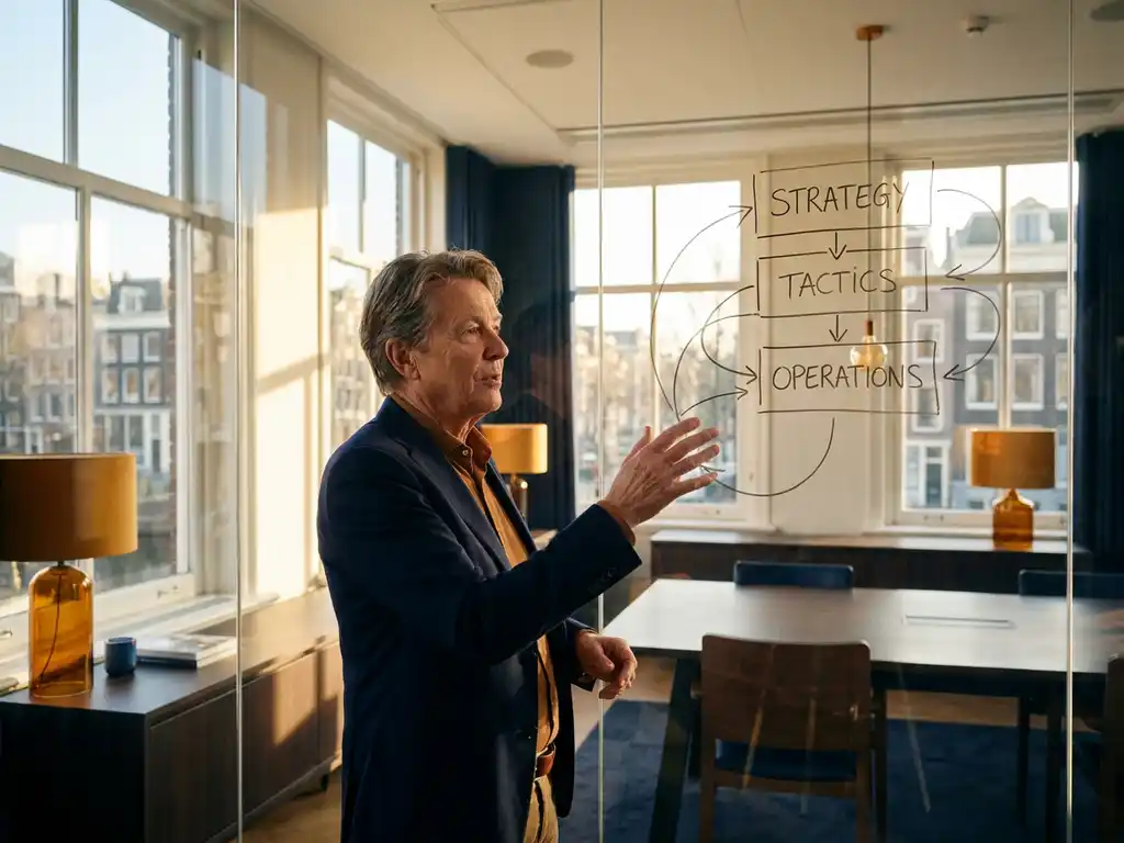Senior consultant bij glazen whiteboard met processtroomdiagram van strategie naar operaties, Amsterdams kantoor in warm amber en marineblauw licht.