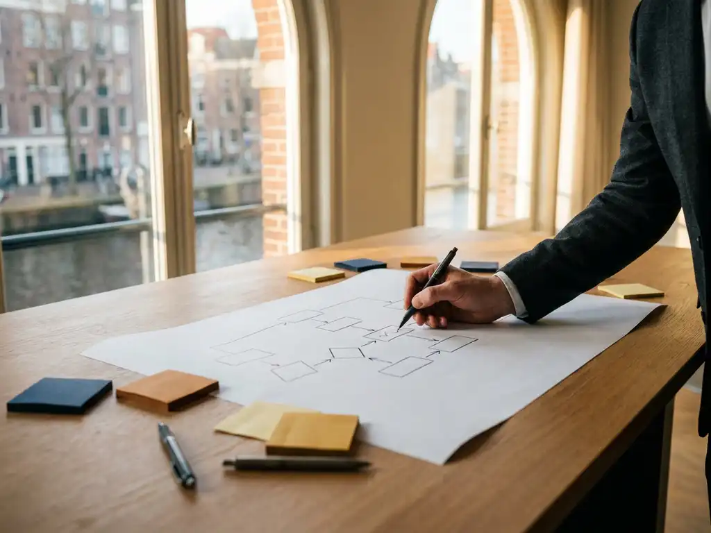 Consultant schetst stroomdiagram op groot wit papier aan eikenhouten bureau, met kleurrijke sticky notes in warm Amsterdams kantoorlicht.