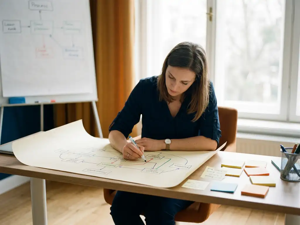 Professional tekent gedetailleerd stroomdiagram op groot papier met gekleurde stiften, sticky notes en whiteboard op achtergrond.