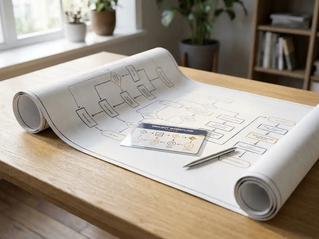 Uitgerolde stroomdiagram-blauwdruk op een eikenhouten bureau met gelamineerde werkkaart en pen in warm natuurlijk licht.