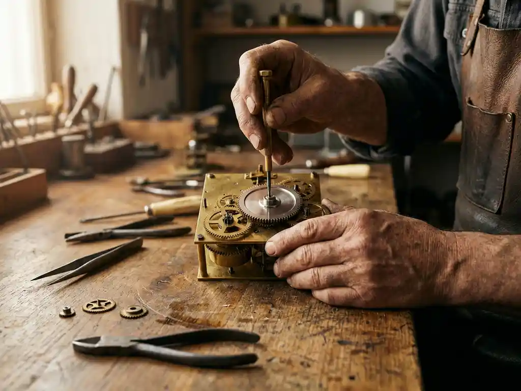 Ambachtsman stelt centraal tandwiel af in een messing mechanisme op een eikenhouten werkbank, omringd door precisiegereedschap.