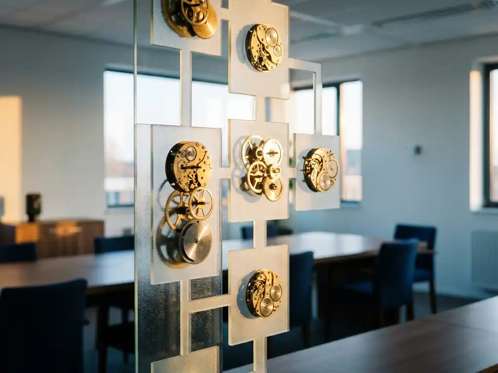 Mechanisch tandwielsysteem verweven in een organisatie-stroomdiagram op matglas, warm amberkleurig licht op gepolijst staal, minimalistisch kantoor op de achtergrond.