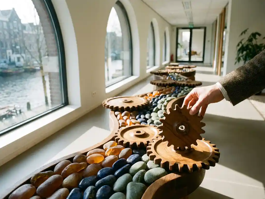 Hand die een uitgelijnde houten tandwiel corrigeert tussen kleurrijke stenen in een modern Amsterdams kantoor met warm daglicht.