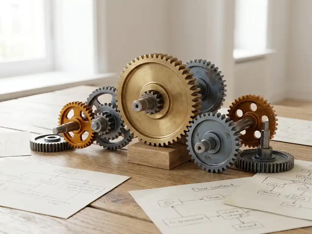 Tandwielen van verschillende groottes op een eikenhouten bureau, met werkstroomdiagrammen en zacht natuurlijk licht.