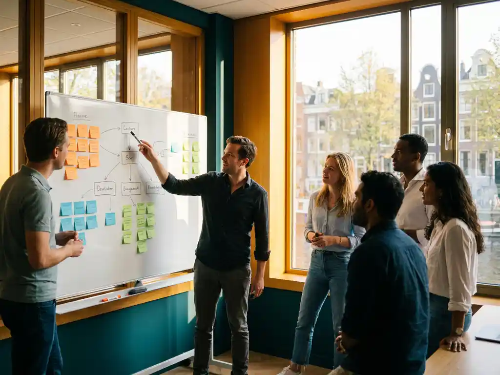 Divers consultancyteam bij whiteboard met gekleurde sticky notes in Amsterdam kantoor, consultant wijst naar procesflow in middaglicht.