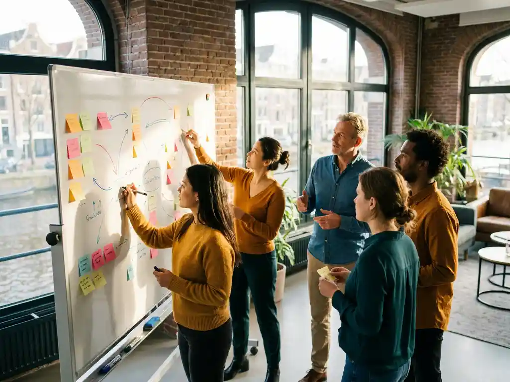 Divers kantoorteam werkt samen aan whiteboard met kleurrijke sticky notes en procesdiagrammen in modern Amsterdams kantoor met bakstenen muren.
