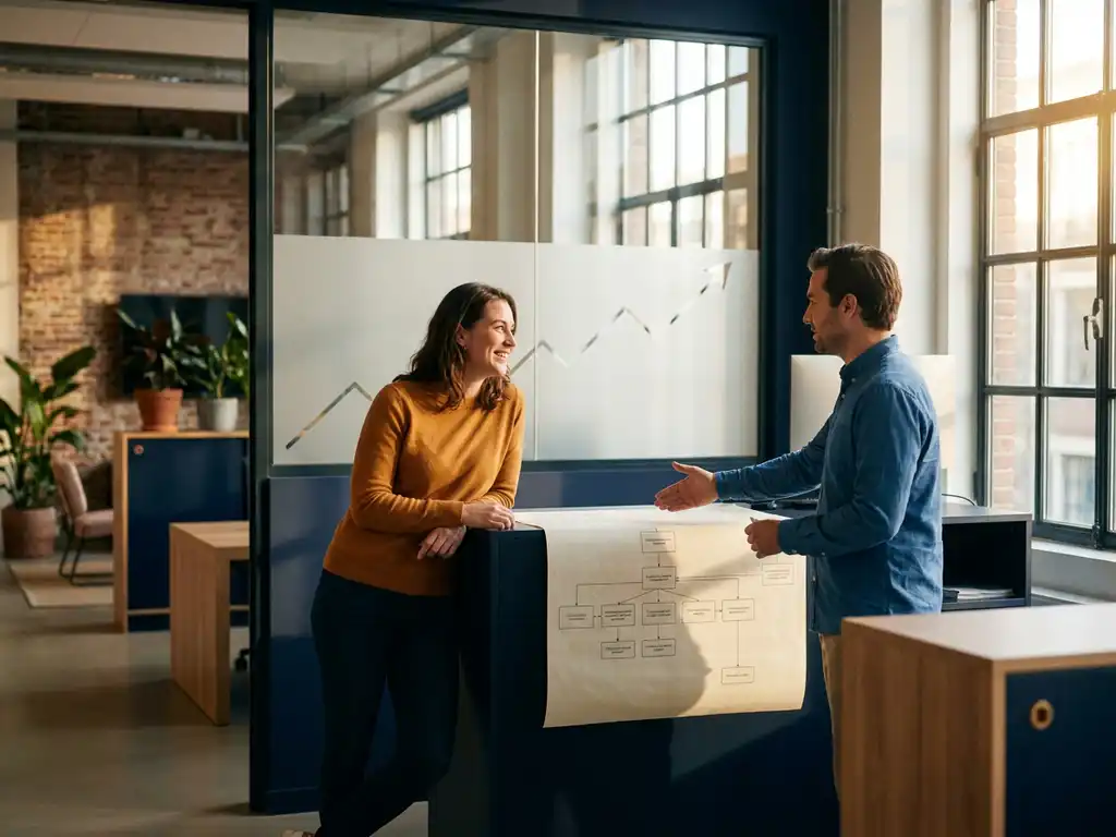 Tevreden klant aan een servicebalie terwijl een consultant een processtroomdiagram bestudeert in een modern Amsterdams kantoor.