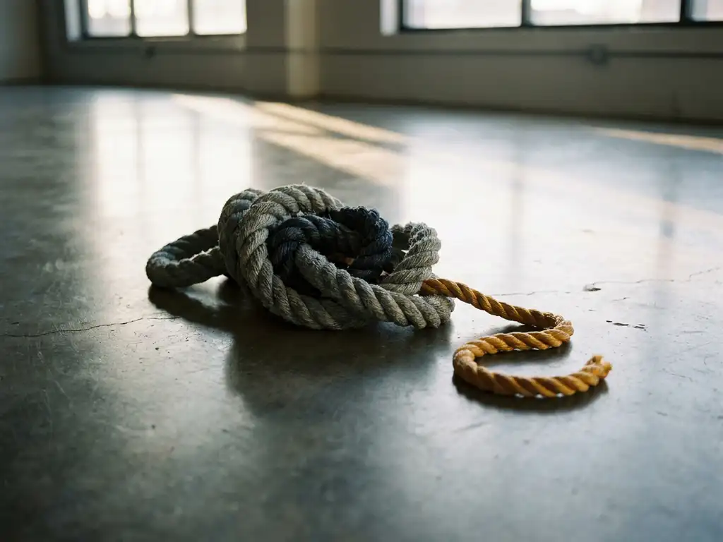 Verwarde touwknoop op betonnen vloer met één loskomend uiteinde, symboliseert orde uit chaos, in warme amber en grijstinten.