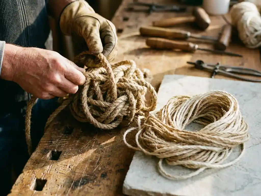 Handen die een dikke touwknoop ontwarren op een houten werktafel, met een geordende spoel touw ernaast in warme amber tinten.