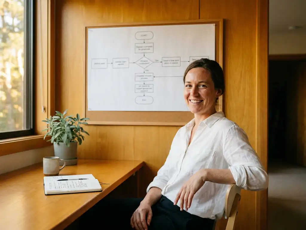Glimlachende professional aan opgeruimd modern bureau met processtroomschema op houten wand, groen plantje en notitieboek, warm middaglicht.