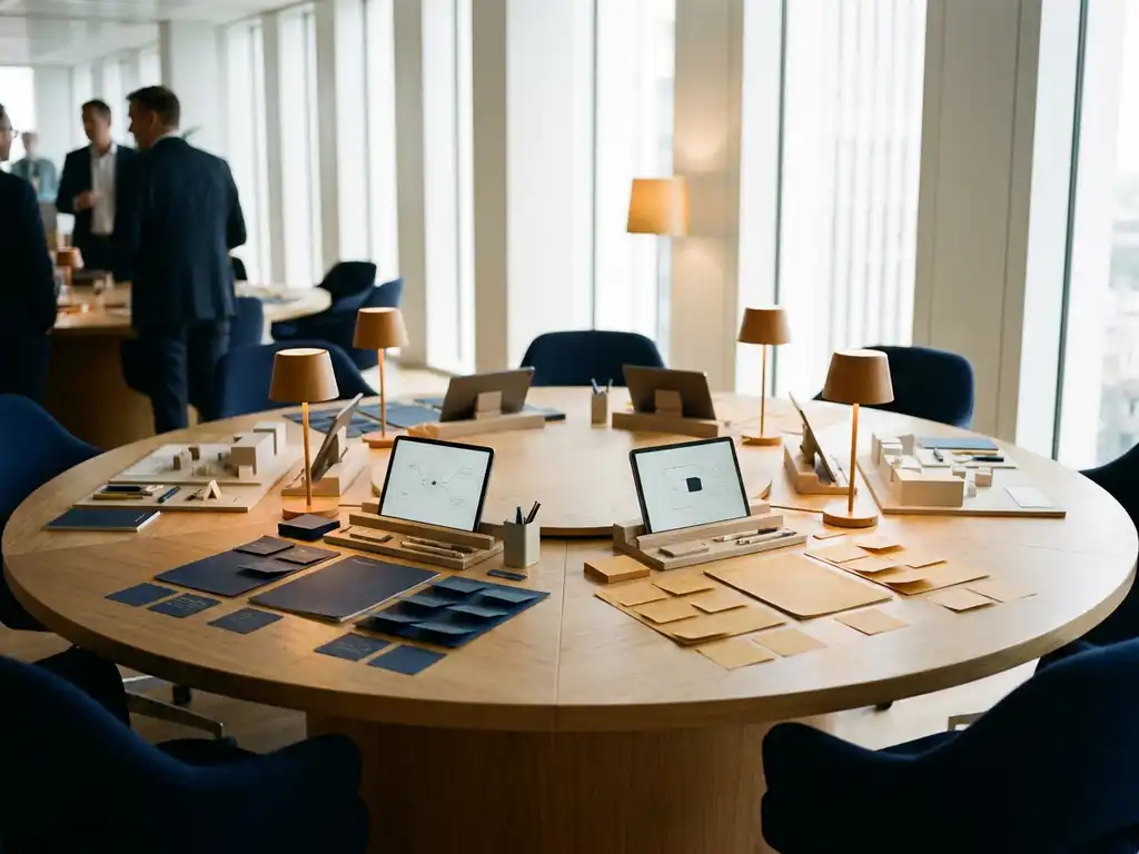 Moderne vergadertafel met vier werkstations in circulaire procesflow, procesdiagrammen en sticky notes in kwadranten, warm kantoorlicht.