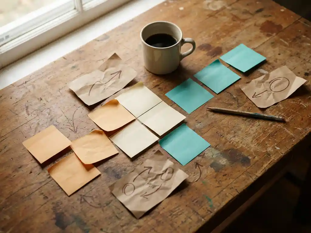 Houten werktafel van bovenaf met kleurgecodeerde sticky notes in links-naar-rechts workflow, kraftpapier met procespijlen en koffiekopje.