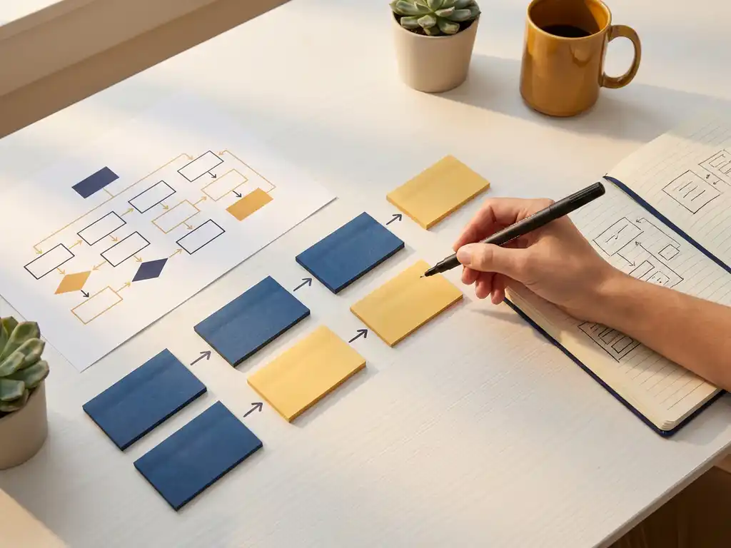 Bovenaanzicht van een wit bureau met een flowchart, kleurgecodeerde sticky notes, een marker en een notitieboek met diagrammen in warm natuurlijk licht.
