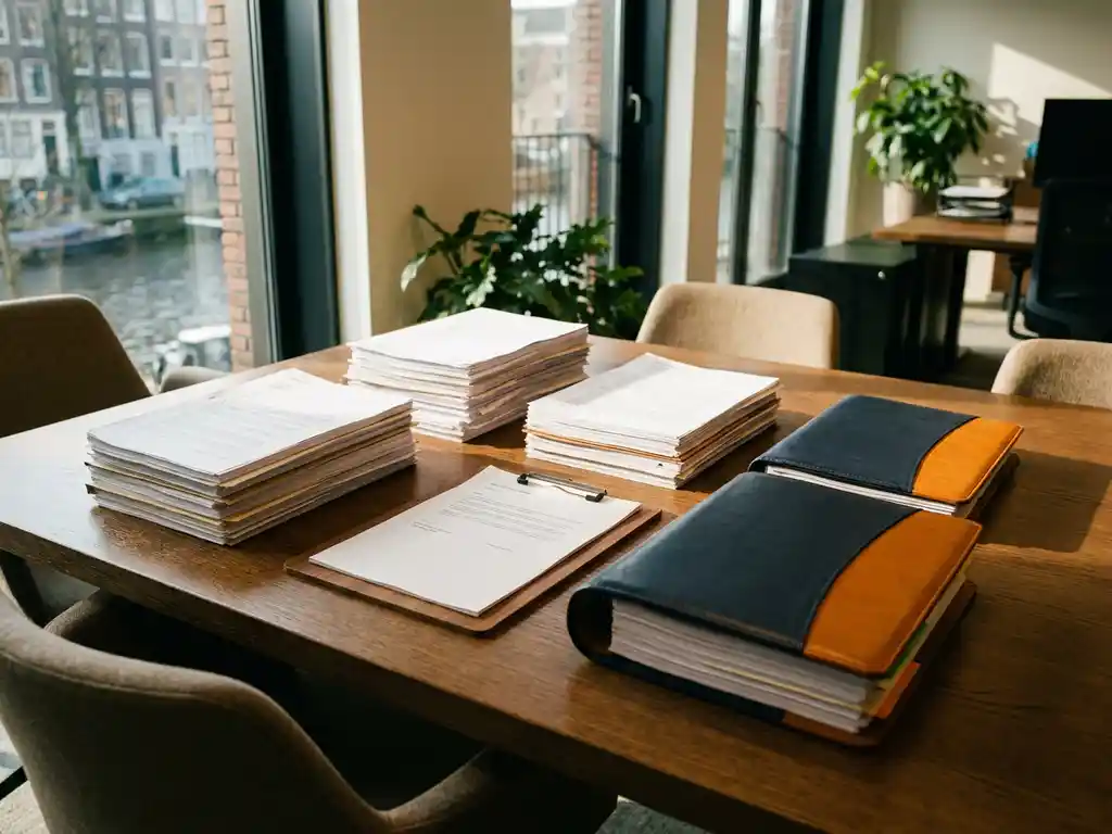 Drie georganiseerde documentenstapels, klembord en ordner op een eikenhouten bureau in een modern Amsterdams kantoor met warm amberkleurig licht.