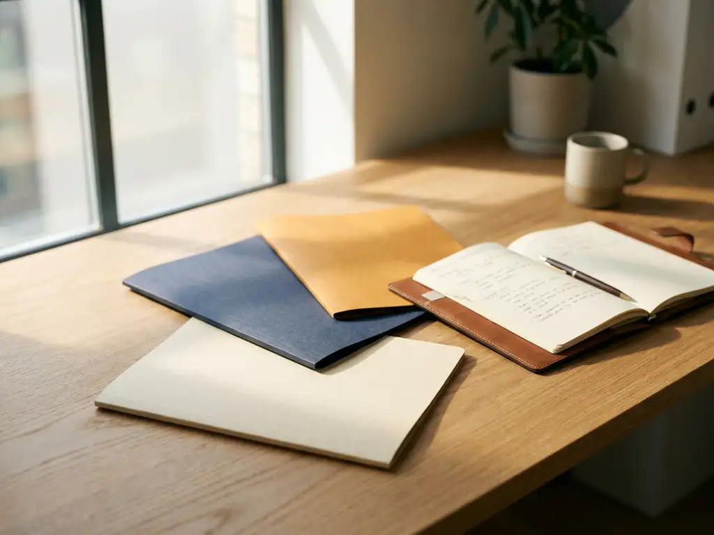 Drie kleurgecodeerde mappen in driehoeksformatie op een bureau, symboliseren samenvoegen van workflows, met opengeslagen notitieboek ernaast.