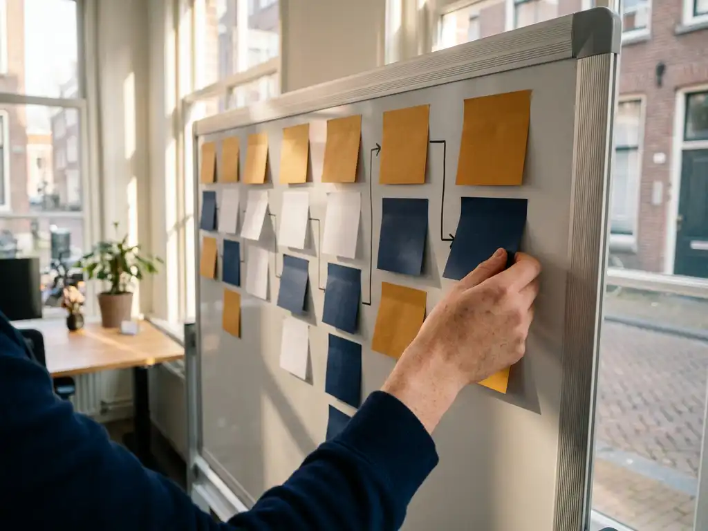 Hand die een gekleurde sticky note plaatst op een georganiseerd processchema met kleurgecodeerde kolommen op een whiteboard in een modern Amsterdams kantoor.