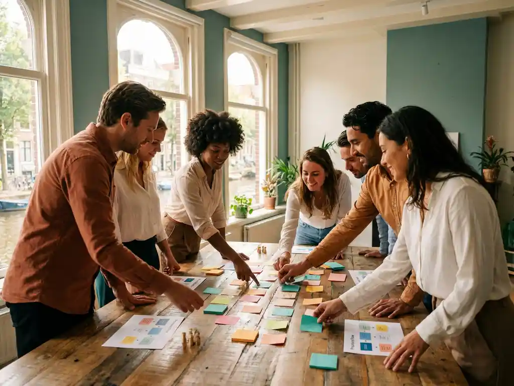 Diverse professionals rond een houten tafel met sticky notes en proceskaarten tijdens een interactieve workshopsessie in een Amsterdams kantoor.