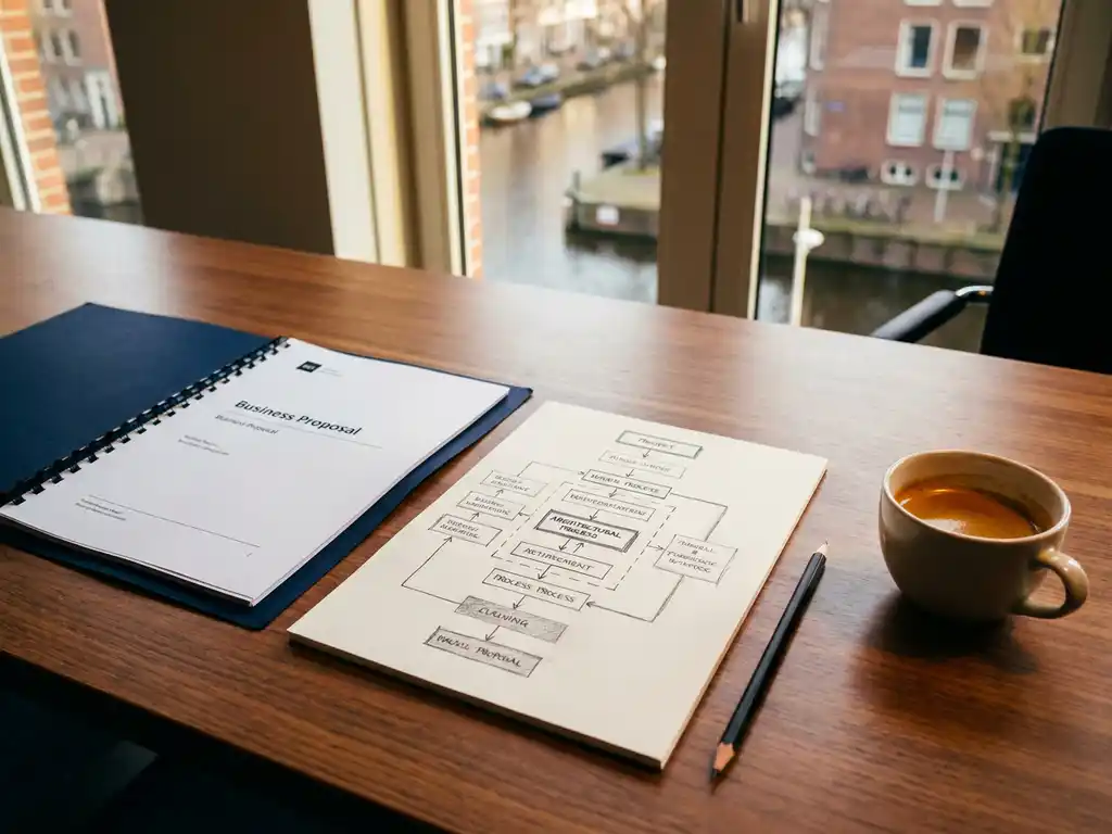 Houten bureau met zakelijk voorstel, architectonisch processchema op papier, potlood en koffiekop in warm Amsterdams kantoor.