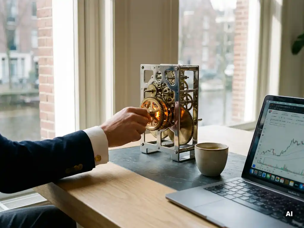 Consultant past tandwiel aan in nauwkeurig mechanisme op modern bureau, laptop op achtergrond, kantooromgeving Amsterdam.