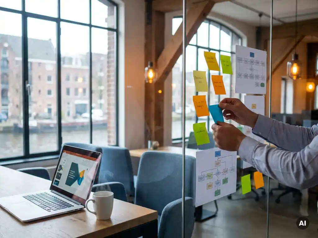 Consultant ordent kleurgecodeerde sticky notes en werkstroomdiagrammen op glazen kantoormuur in modern Amsterdams kantoor.