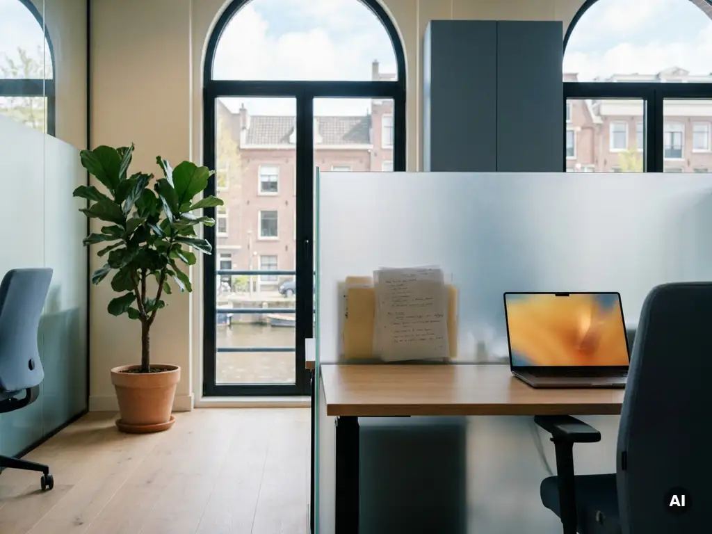 Frosted glazen privacyscherm voor een gloeiende laptop in een modern Amsterdams kantoor met zachte natuurlijke belichting.