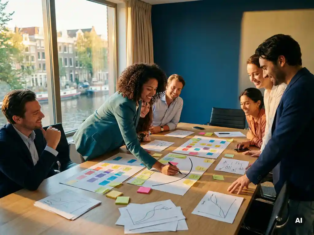 Divers team van professionals rond een tafel met kleurgecodeerde proceskaarten en sticky notes in een Amsterdams kantoor.