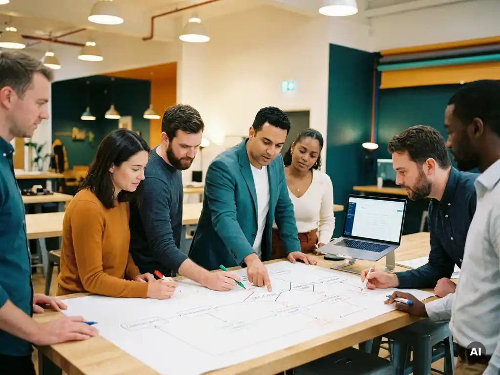 Diverse professionals bespreken een processtroomschema aan een werktafel, terwijl een consultant wijst naar een beslissingspunt.