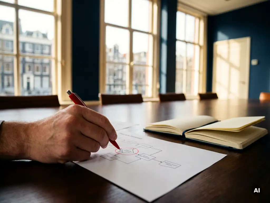 Hand die met rode pen een beslissingspunt markeert op een processtroomdiagram, liggend op een houten vergadertafel in een Amsterdams kantoor.