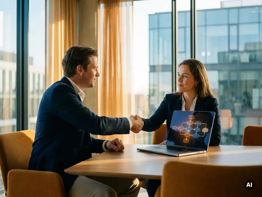 Twee professionals schudden handen aan een vergadertafel met een open laptop met workflowdiagrammen, in een modern kantoor met natuurlijk licht.